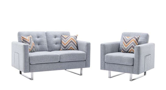 Lilola Home - Victoria Light Gray Linen Fabric Loveseat Chair Living Room Set with Metal Legs, Side Pockets, and Pillows - 88865LG veiw 1