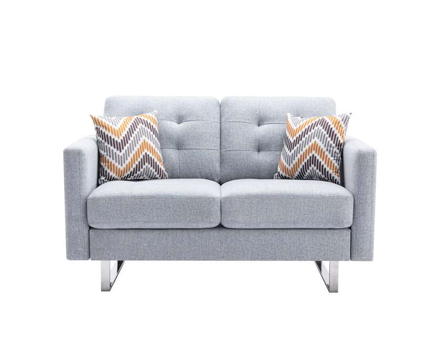 Lilola Home - Victoria Light Gray Linen Fabric Loveseat with Metal Legs, Side Pockets, and Pillows - 88865LG-L veiw 2