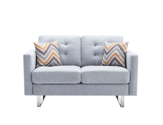Lilola Home - Victoria Light Gray Linen Fabric Loveseat with Metal Legs, Side Pockets, and Pillows - 88865LG-L veiw 2