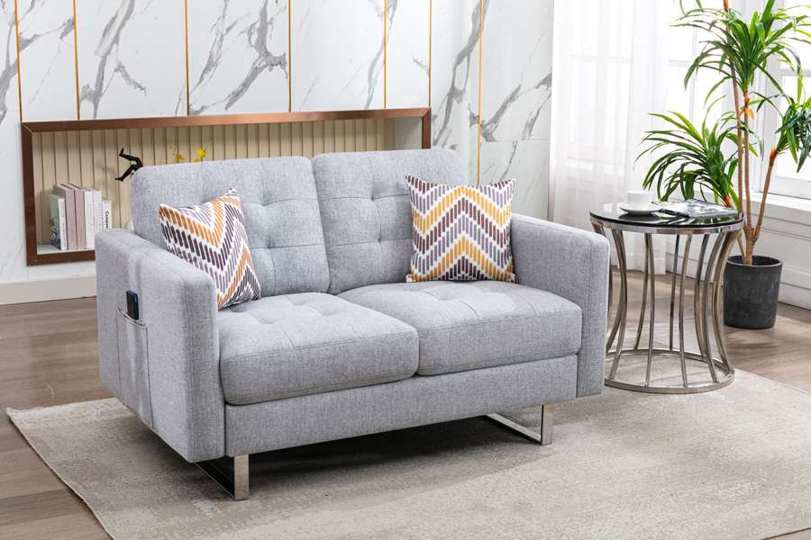 Lilola Home - Victoria Light Gray Linen Fabric Loveseat with Metal Legs, Side Pockets, and Pillows - 88865LG-L veiw 3