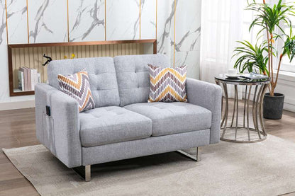 Lilola Home - Victoria Light Gray Linen Fabric Loveseat with Metal Legs, Side Pockets, and Pillows - 88865LG-L veiw 3