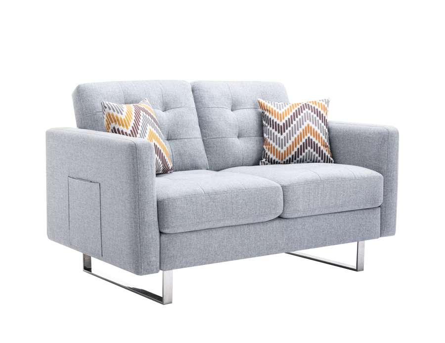 Lilola Home - Victoria Light Gray Linen Fabric Loveseat with Metal Legs, Side Pockets, and Pillows - 88865LG-L veiw 5