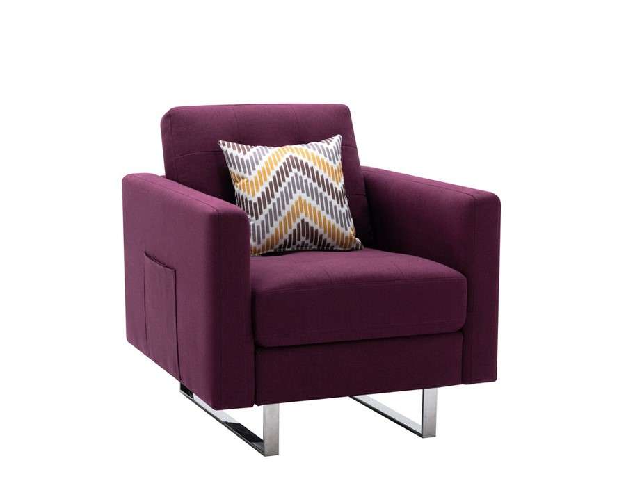 Lilola Home - Victoria Purple Linen Fabric Armchair with Metal Legs, Side Pockets, and Pillow - 88865PE-C veiw 1