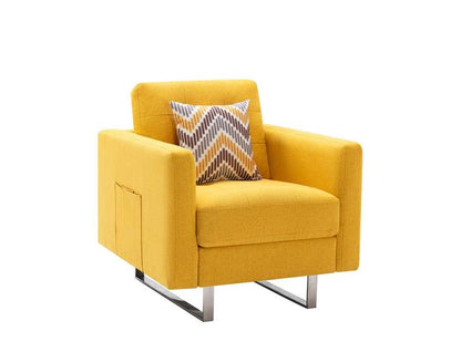 Lilola Home - Victoria Yellow Linen Fabric Armchair with Metal Legs, Side Pockets, and Pillow - 88865YW-C veiw 1