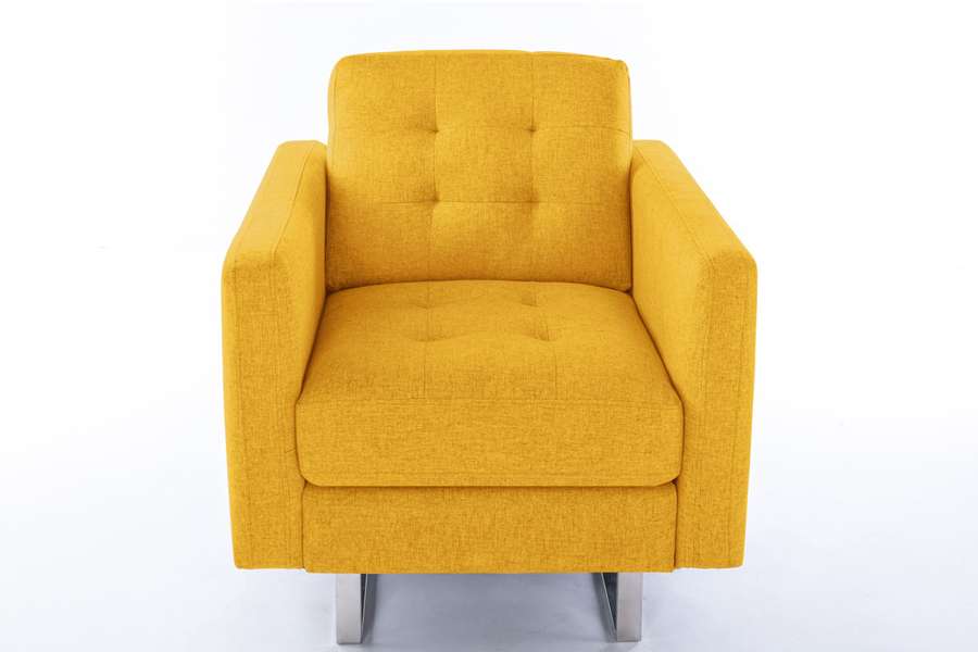 Lilola Home - Victoria Yellow Linen Fabric Armchair with Metal Legs, Side Pockets, and Pillow - 88865YW-C veiw 2