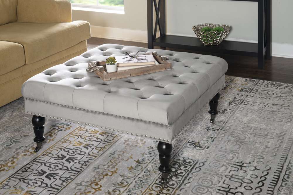 Linon Home Decor - Isabelle Gray Velvet Square Tufted Ottoman - BH154VGRY01U veiw 4