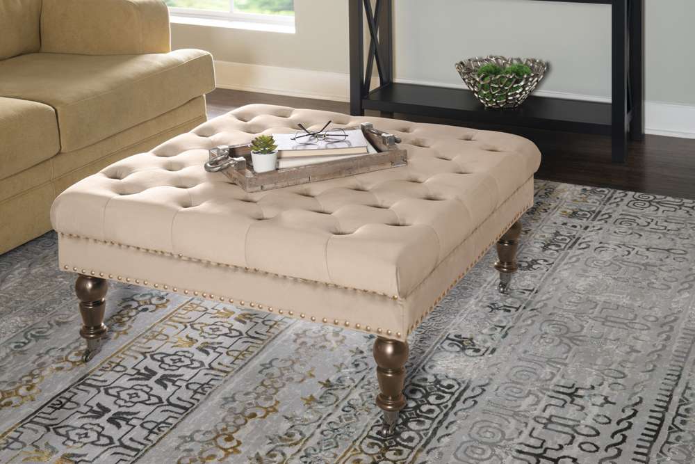 Linon Home Decor - Isabelle Tan Velvet Square Tufted Ottoman - BH155VTAN01U veiw 4