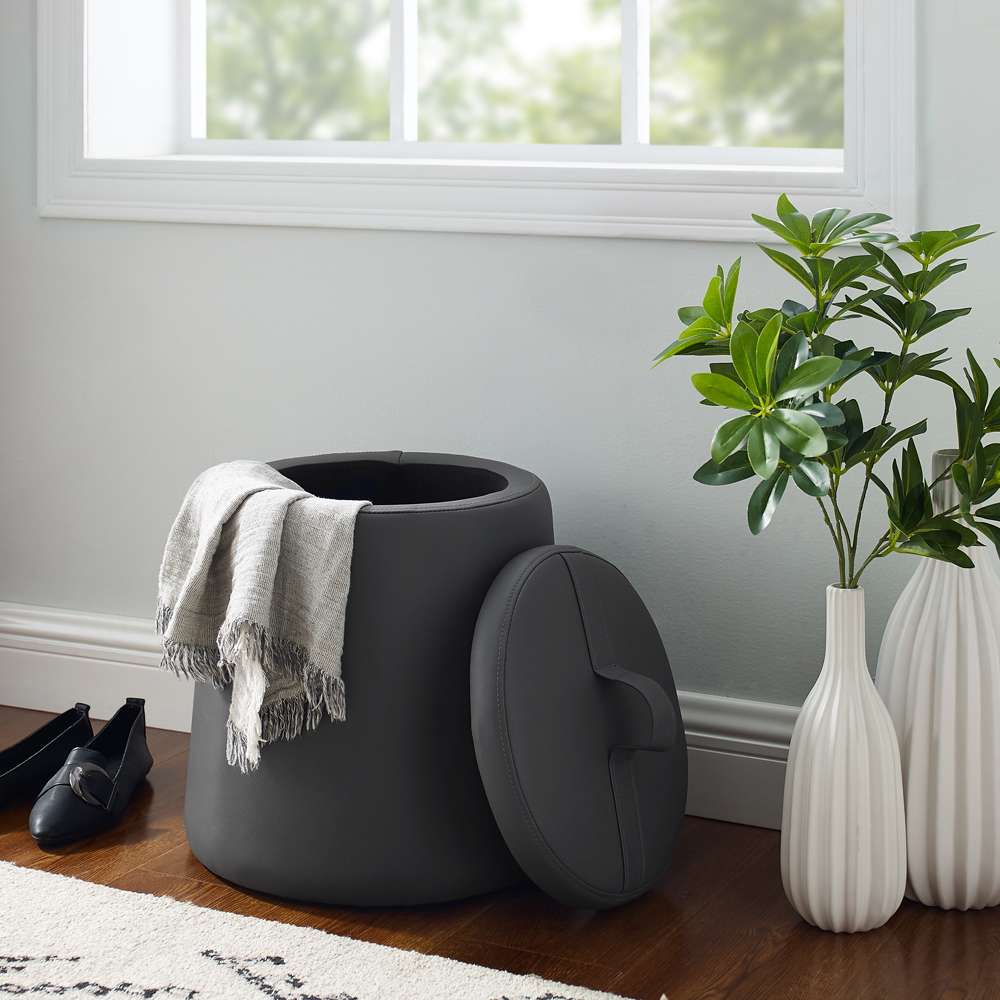 Linon Home Decor - Patric Storage Faux Leather Ottoman, Grey - ST008GRP01U veiw 3