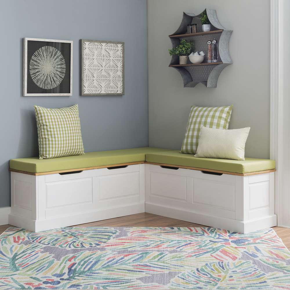 Linon Home Decor - Tobin Corner Nook Bench, Natural/White with Apple Green Cushions - KNK169NWGRNSET view 1
