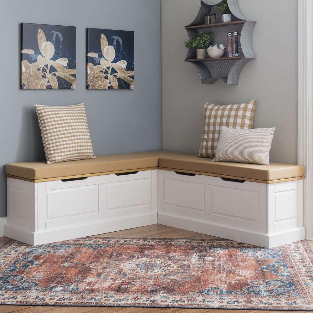 Linon Home Decor - Tobin Corner Nook Bench, Natural/White with Beige Cushions - KNK169NWBGESET view 1