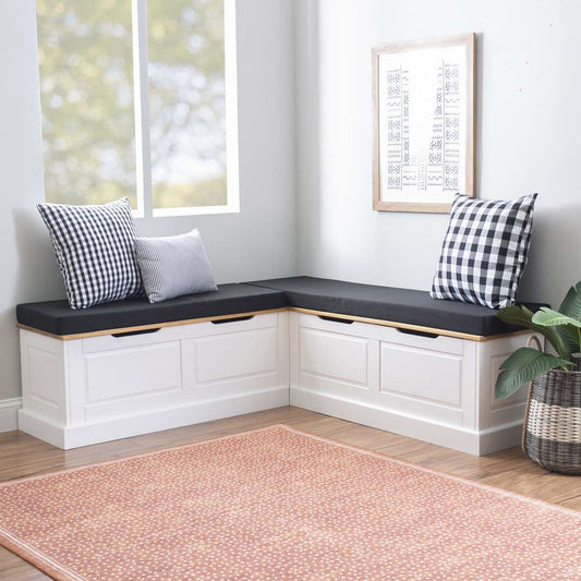 Linon Home Decor - Tobin Corner Nook Bench, Natural/White with Black Cushions - KNK169NWBLKSET view 1