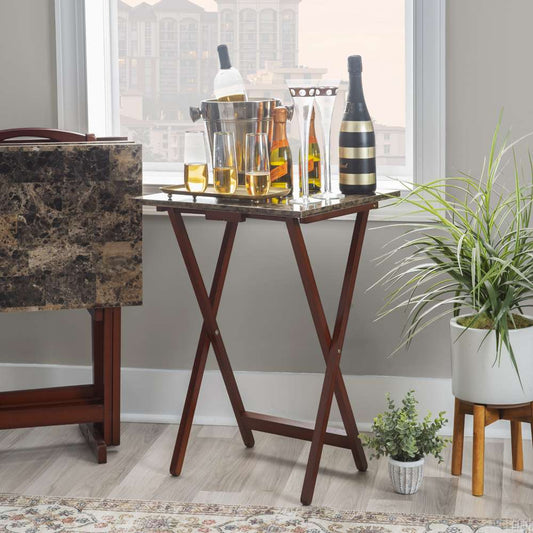 Linon Home Decor - Tray Table Set Faux Marble -Brown - 43001TILSET-01-AS veiw 1