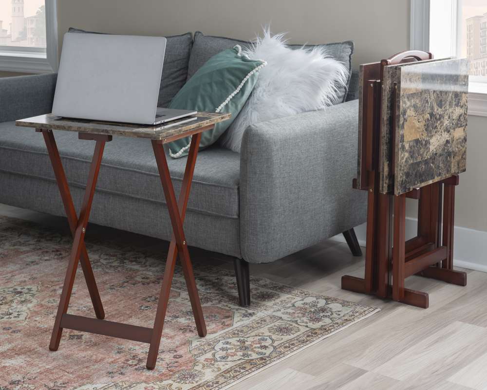 Linon Home Decor - Tray Table Set Faux Marble -Brown - 43001TILSET-01-AS veiw 4