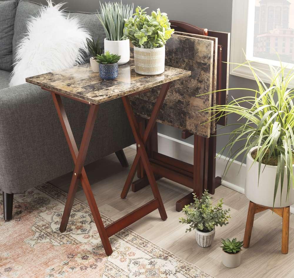 Linon Home Decor - Tray Table Set Faux Marble -Brown - 43001TILSET-01-AS veiw 6