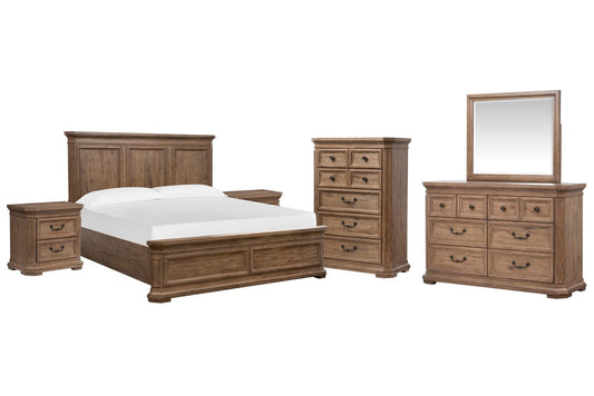 Magnussen - Adler Court Florentine Walnut King Panel Bed 2 Nightstands Drawer Dresser With Landscape Mirror And Drawer Chest - B5991-64-KIT5 view 1