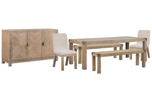 Magnussen - Ainsley Cerused Khaki Extendable Rectangular Dining Table With 2 Benches 2 Host Chairs And Buffet - D5333-20-KIT52 view 1