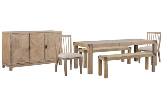 Magnussen - Ainsley Cerused Khaki Extendable Rectangular Dining Table With 2 Benches 2 Side Chairs And Buffet - D5333-20-KIT49 view 1