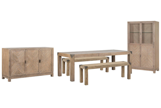 Magnussen - Ainsley Cerused Khaki Extendable Rectangular Dining Table With 2 Benches And Display Cabinet - D5333-20-KIT47 view 1