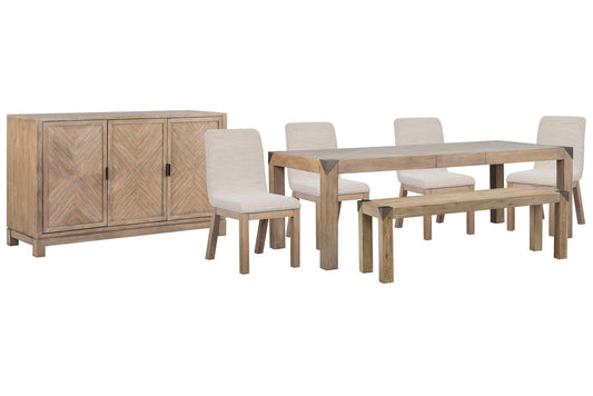 Magnussen - Ainsley Cerused Khaki Extendable Rectangular Dining Table With 4 Host Chairs Bench And Buffet - D5333-20-KIT30 view 1