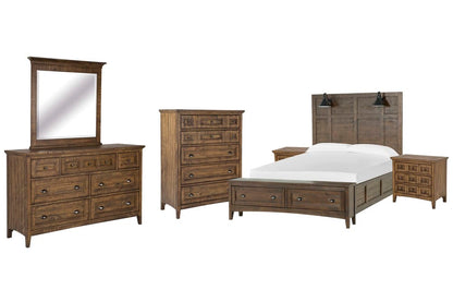Magnussen - Bay Creek Toasted Nutmeg Queen Lamp Panel Storage Bed 2 Nightstands Drawer Dresser With Landscape Mirror And Drawer Chest - B4398-59B-KIT5 view 1