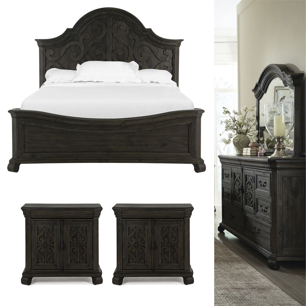 Magnussen - Bellamy Peppercorn Queen Shaped Panel Bed 2 Barchelor Chests And Drawer Dresser With Shaped Mirror - B2491-55-KIT14 view 1