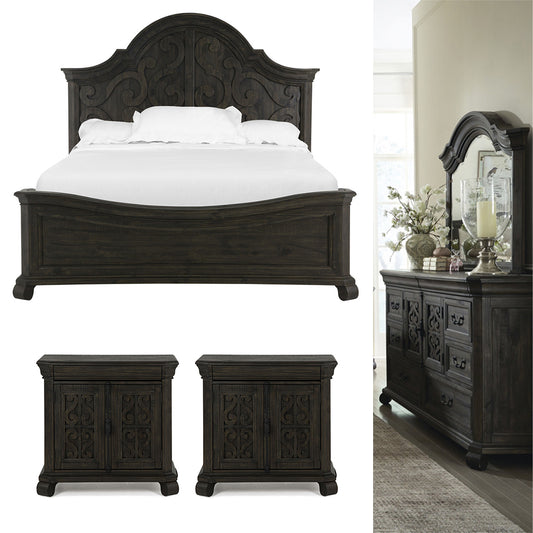 Magnussen - Bellamy Peppercorn Queen Shaped Panel Bed 2 Barchelor Chests And Drawer Dresser With Shaped Mirror - B2491-55-KIT14 view 1