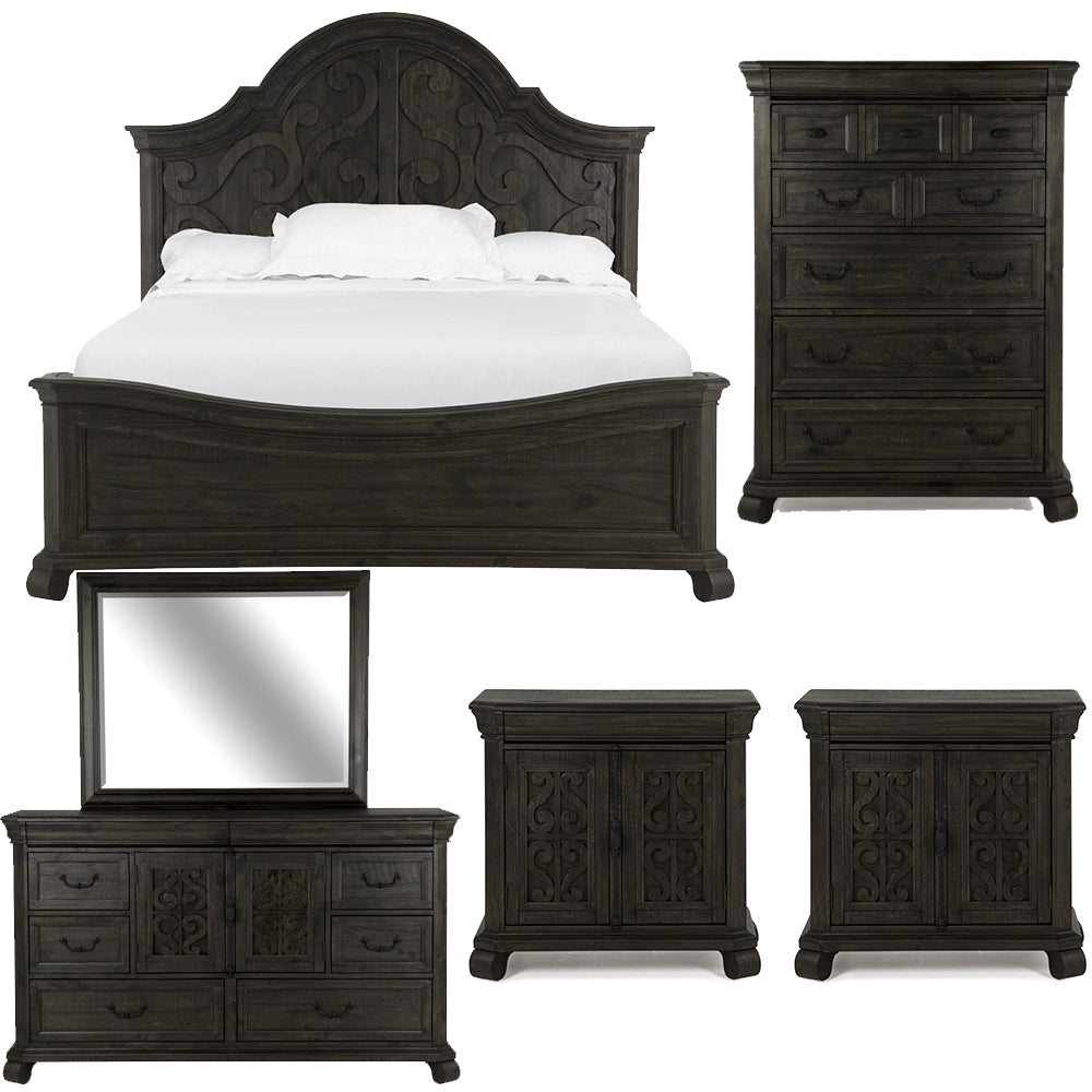Magnussen - Bellamy Peppercorn Queen Shaped Panel Bed 2 Barchelor Chests Drawer Dresser With Landscape Mirror And Drawer Chest - B2491-55-KIT15 view 1