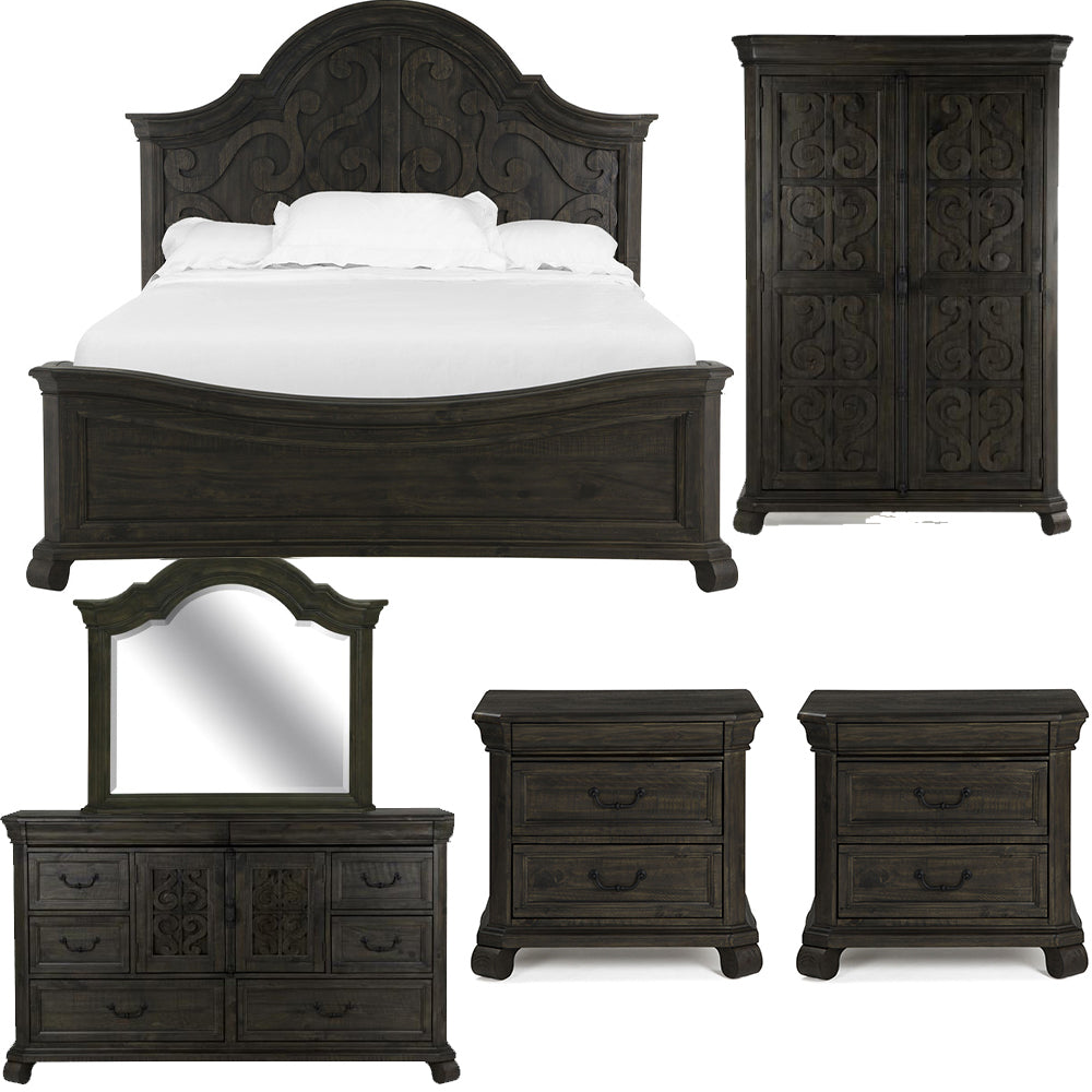 Magnussen - Bellamy Peppercorn Queen Shaped Panel Bed 2 Nightstands Drawer Dresser With Shaped Mirror And Door Chest - B2491-55-KIT10 view 1