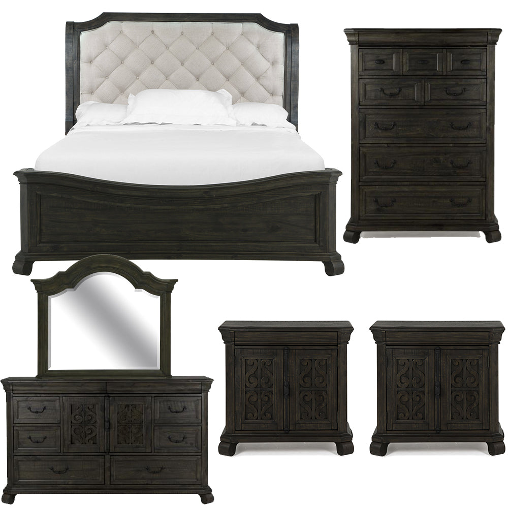 Magnussen - Bellamy Peppercorn Queen Sleigh Bed 2 Barchelor Chests Drawer Dresser With Shaped Mirror And Drawer Chest - B2491-53B-KIT16 view 1
