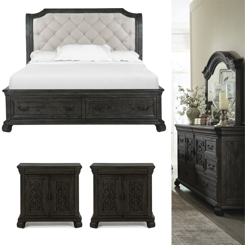 Magnussen - Bellamy Peppercorn Queen Sleigh Storage Bed 2 Barchelor Chests And Drawer Dresser With Shaped Mirror - B2491-53-KIT14 view 1