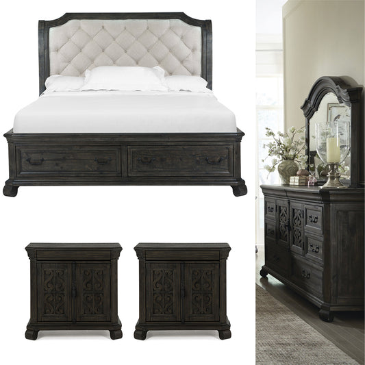 Magnussen - Bellamy Peppercorn Queen Sleigh Storage Bed 2 Barchelor Chests And Drawer Dresser With Shaped Mirror - B2491-53-KIT14 view 1