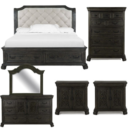 Magnussen - Bellamy Peppercorn Queen Sleigh Storage Bed 2 Barchelor Chests Drawer Dresser With Shaped Mirror And Drawer Chest - B2491-53-KIT16 view 1