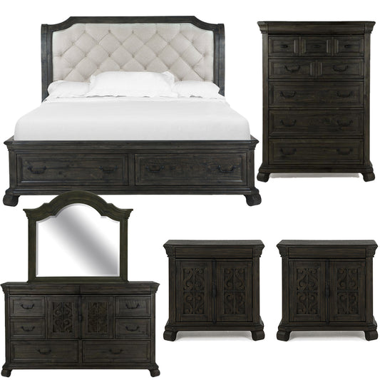 Magnussen - Bellamy Peppercorn Queen Sleigh Storage Bed 2 Barchelor Chests Drawer Dresser With Shaped Mirror And Drawer Chest - B2491-53-KIT16 view 1