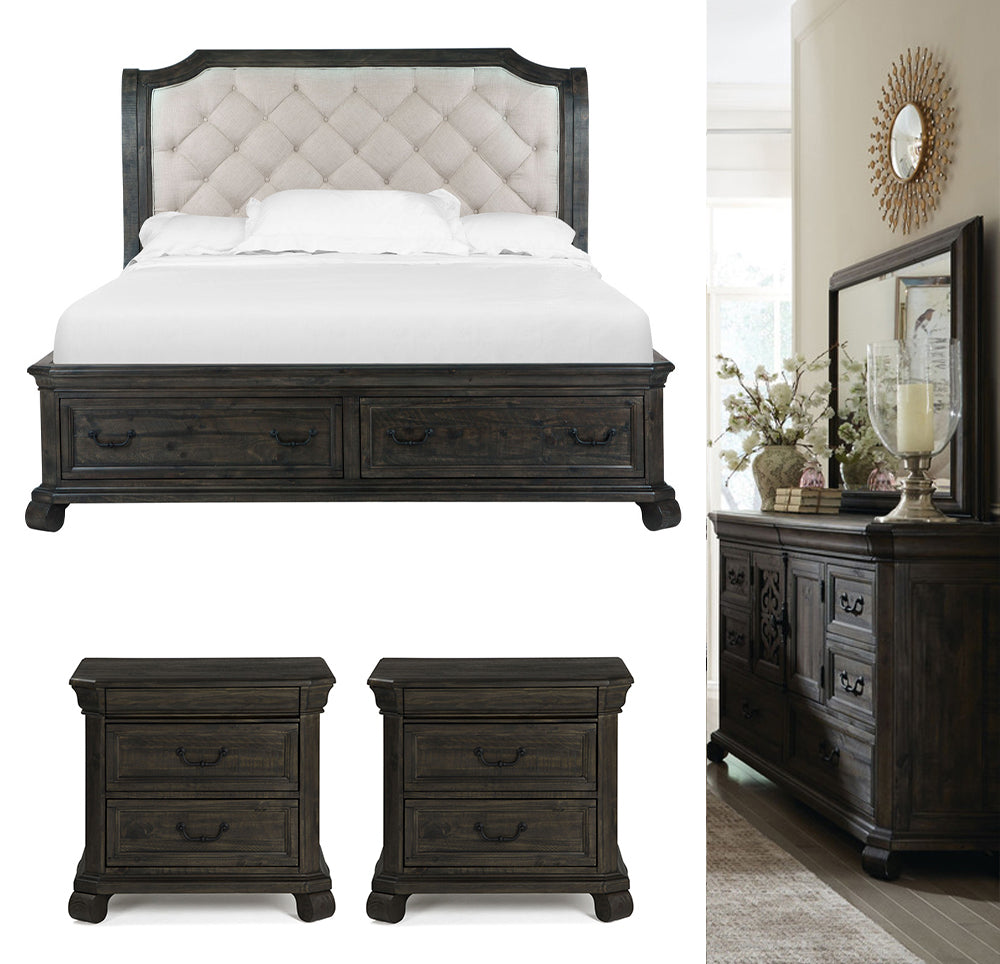 Magnussen - Bellamy Peppercorn Queen Sleigh Storage Bed 2 Nightstands And Drawer Dresser With Landscape Mirror - B2491-53-KIT5 view 1
