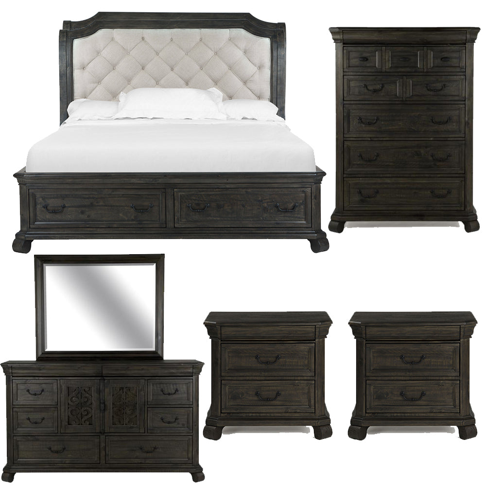 Magnussen - Bellamy Peppercorn Queen Sleigh Storage Bed 2 Nightstands Drawer Dresser With Landscape Mirror And Drawer Chest - B2491-53-KIT7 view 1