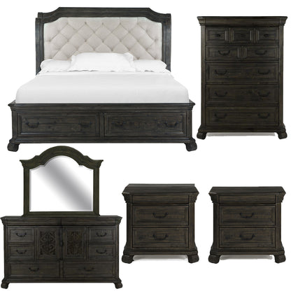 Magnussen - Bellamy Peppercorn Queen Sleigh Storage Bed 2 Nightstands Drawer Dresser With Shaped Mirror And Drawer Chest - B2491-53-KIT8 view 1