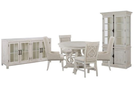 Magnussen - Bronwyn Alabaster 48" Round Dining Table With 2 Upholstered Side Chairs 2 Host Chairs Buffet And Dining Cabinet - D4436-22-KIT25 view 1
