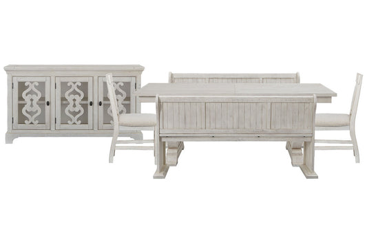Magnussen - Bronwyn Alabaster Extendable Rectangular Dining Table With 2 Benches 2 Upholstered Side Chairs And Server - D4436-20-KIT62 view 1