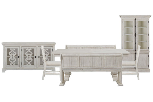 Magnussen - Bronwyn Alabaster Extendable Rectangular Dining Table With 2 Benches 2 Upholstered Side Chairs Server And Dining Cabinet - D4436-20-KIT64 view 1