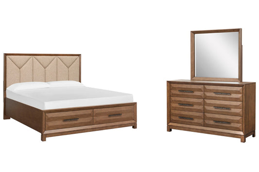 Magnussen - Callisto Bourbon Brown Queen Upholstered Panel Storage Bed And Drawer Dresser With Landscape Mirror - B6396-55A-KIT3 view 1