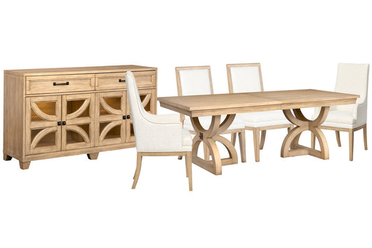 Magnussen - Coventry Honey Maple Extendable Trestle Dining Table With 2 Upholstered Side Chairs 2 Host Chairs And Buffet - D6480-21-KIT20 view 1