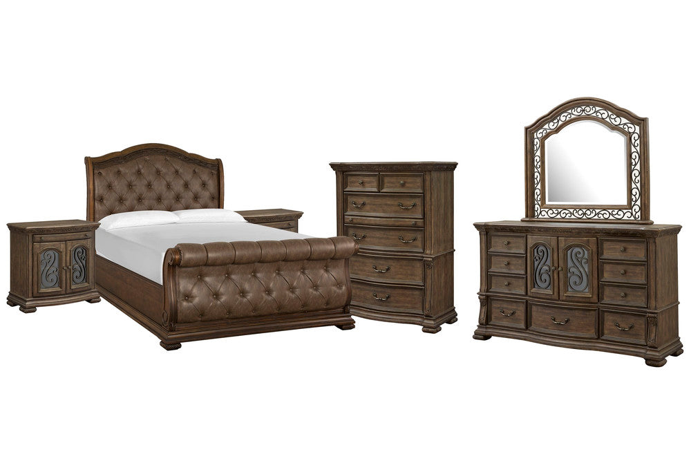 Magnussen - Durango Willadeene Brown King Upholstered Sleigh Bed 2 Bachelor Chests Drawer Dresser With Shaped Mirror And Drawer Chest - B5133-62-KIT9 view 1