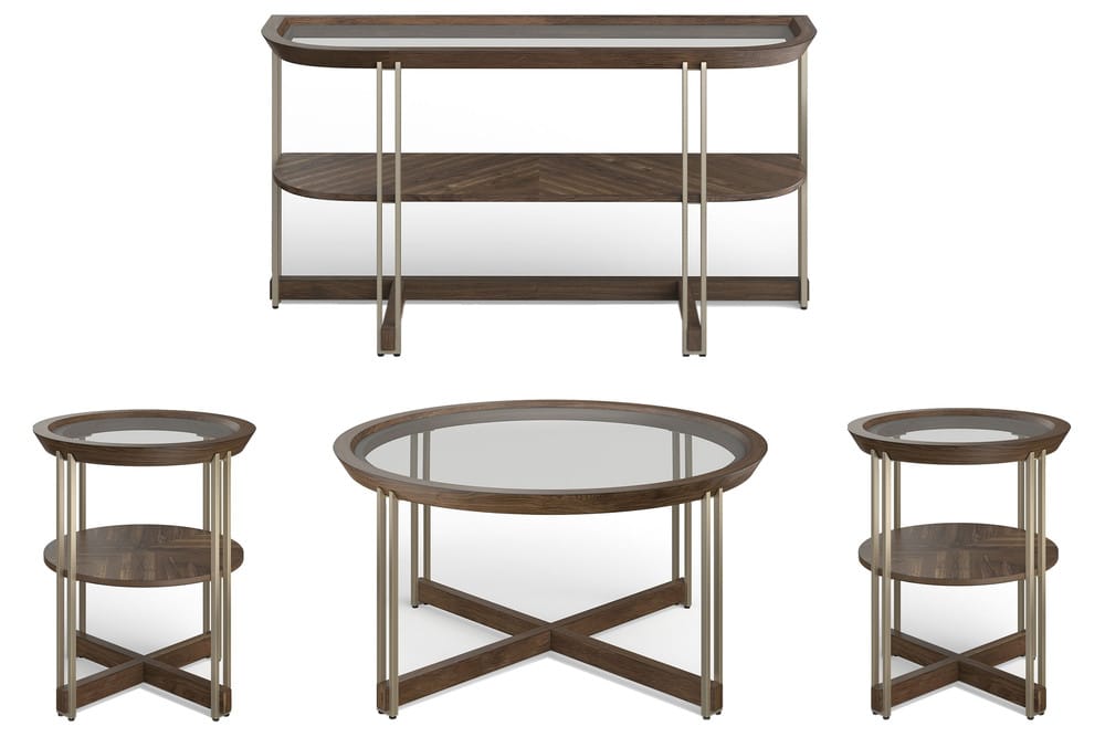 Magnussen - Elora Walnut And Tarnished Silver And Clear Glass Round Cocktail Table With 2 End Table And Demilune Sofa Table - T5639-45KIT6 view 1
