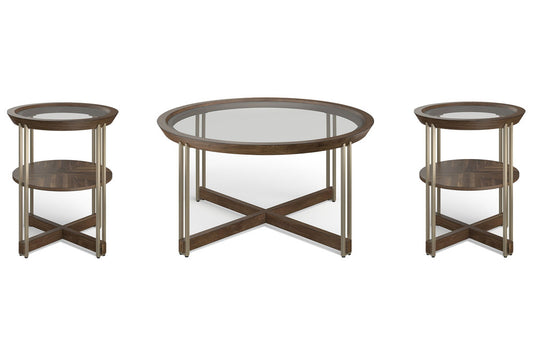 Magnussen - Elora Walnut And Tarnished Silver And Clear Glass Round Cocktail Table With 2 End Table - T5639-45KIT5 view 1