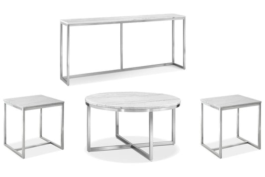 Magnussen - Esme White Marble And Brushed Nickel Round Cocktail Table With 2 Rectangular End Table And Sofa Table - T5763-45KIT6 view 1