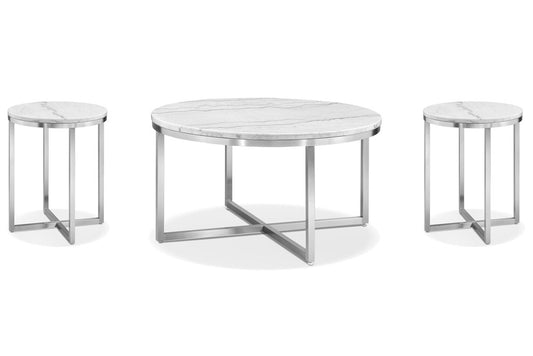 Magnussen - Esme White Marble And Brushed Nickel Round Cocktail Table With 2 Round End Table - T5763-45KIT2 view 1
