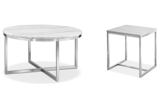 Magnussen - Esme White Marble And Brushed Nickel Round Cocktail Table With Rectangular End Table - T5763-45KIT4 view 1