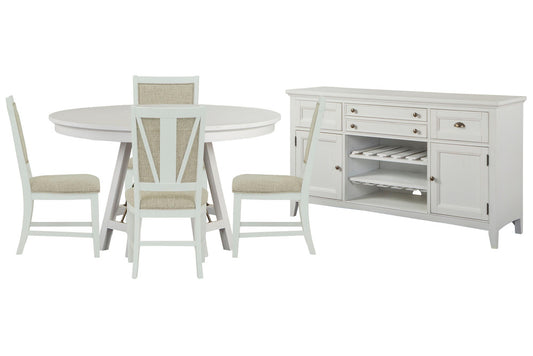 Magnussen - Heron Cove Chalk White And Dovetail Grey 52" Round Dining Table With 4 Upholstered Side Chairs And Buffet - D4400-27-KIT4 view 1