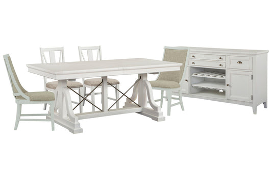 Magnussen - Heron Cove Chalk White And Dovetail Grey Extendable Trestle Dining Table With 2 Side Chairs 2 Host Chairs And Buffet - D4400-25-KIT10 view 1