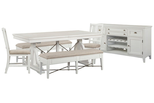 Magnussen - Heron Cove Chalk White And Dovetail Grey Extendable Trestle Dining Table With 2 Upholstered Benches 2 Side Chairs And Buffet - D4400-25-KIT44 view 1